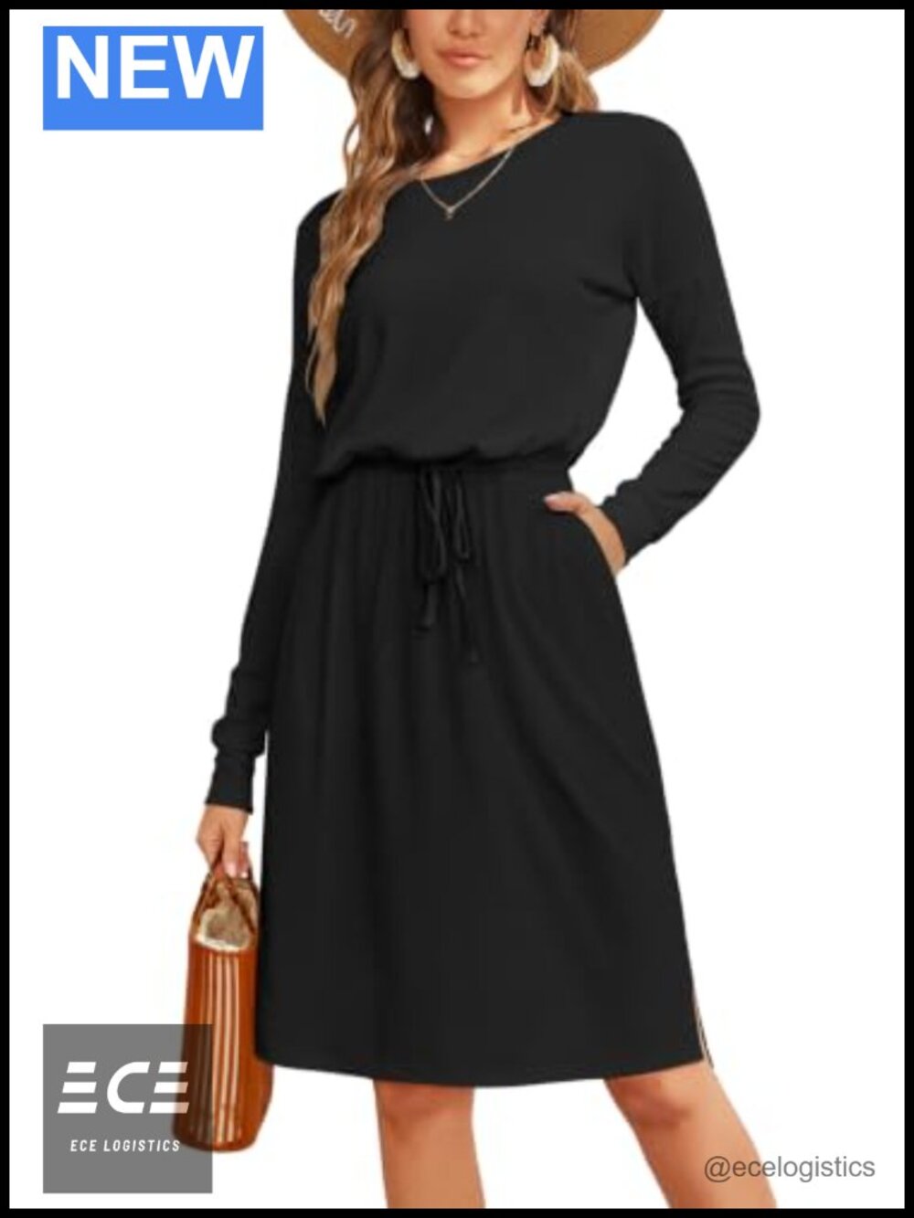 Women's Long Sleeve Knee Length Casual Dress with Pockets Adjustable Waist